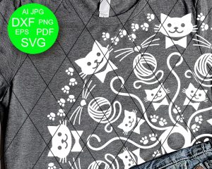 Cute Cat Mandala SVG, Kitten Yarn Ball DXF, Cat Lover T-Shirt Cut File